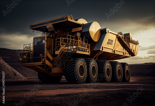 Large industry mining dump truck transporting gold, coal, solver or platinum ore for processing. Generative AI