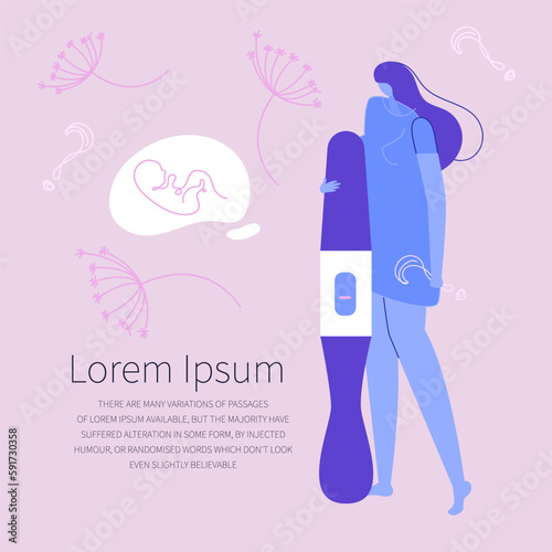 The woman wants baby and holds a negative pregnancy test. She has infertility and has not pregnancy, it is grief and sad. Illustration good  for medical clinic poster or UI UX design apps.