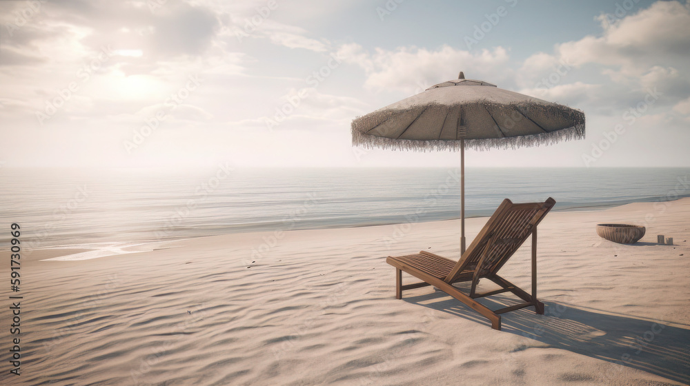 A serene beach setting with a peaceful ocean horizon, a warm breeze, and a minimalist beach chair and umbrella, evoking a sense of calm and simplicity A serene beach setting with a peaceful ocean horizon, a warm breeze, and a minimalist beach chair and umbrella, evoking a sense of calm and simplicity