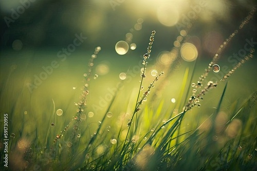 dewy grassy field under the morning sun. Generative AI