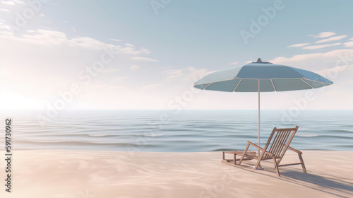 A serene beach setting with a peaceful ocean horizon, a warm breeze, and a minimalist beach chair and umbrella, evoking a sense of calm and simplicity