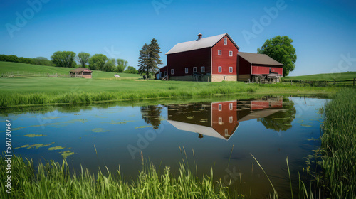 A peaceful countryside American farm with a red barn, rolling green hills, and a small pond reflecting the clear blue sky
