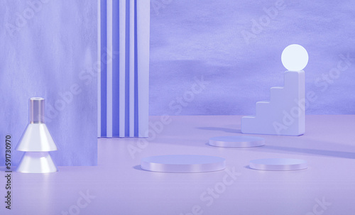 Fototapeta Naklejka Na Ścianę i Meble -  3d rendering mockup purple and blue podium in square with geometrical stair shape and arch.Minimal background design for cosmetic product or accessory display.
