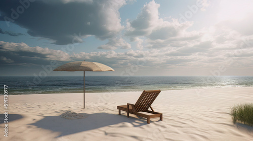 A serene beach setting with a peaceful ocean horizon  a warm breeze  and a minimalist beach chair and umbrella  evoking a sense of calm and simplicity
