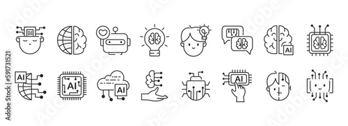 artificial intelligence icon set in minimal outline style. Future technology, neural network, machine learning, machine learning, and cloud computing network. Ai vector isolated icons collection.