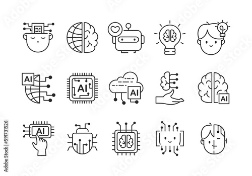 Ai Free and artificial intelligence resistance outline black icon set in minimal style. Vector future technology icons. Machine, robots and neural network collection with editable stroke.	