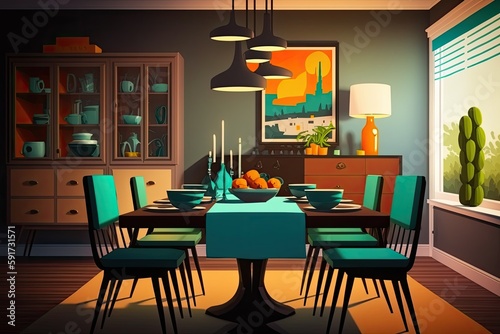 cozy dining room with wooden furniture and warm lighting. Generative AI