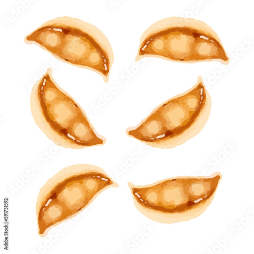 Set of fried dumpligs or gyoza. Hand drawn watercolor vector illustration