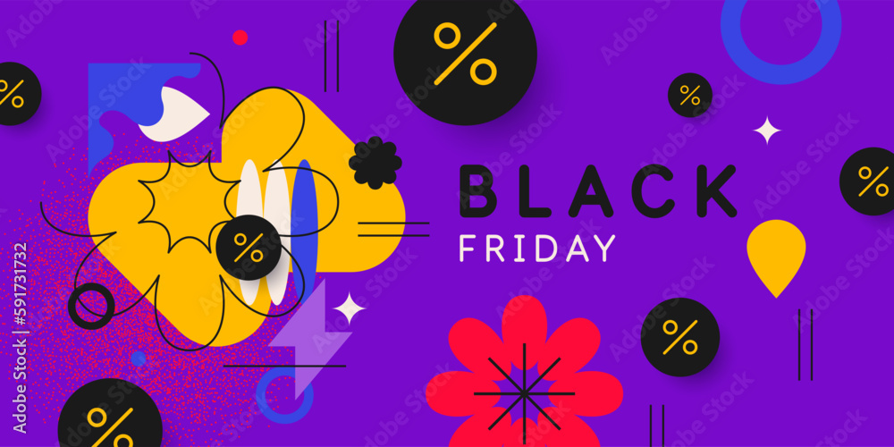 Black Friday sale banner. Bright abstract background with various geometric elements. A composition of various shapes.