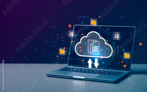 Computer laptop and dashboard for Data document Management System on cloud online documentation database and digital file storage system or software, records keeping, database technology, file access