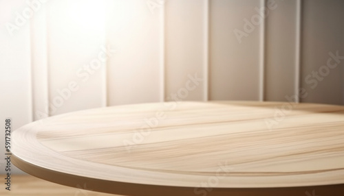 Empty beautiful round wood table  top counter on  interior in clean and bright with shadow background, Ready,white background, for product montage..