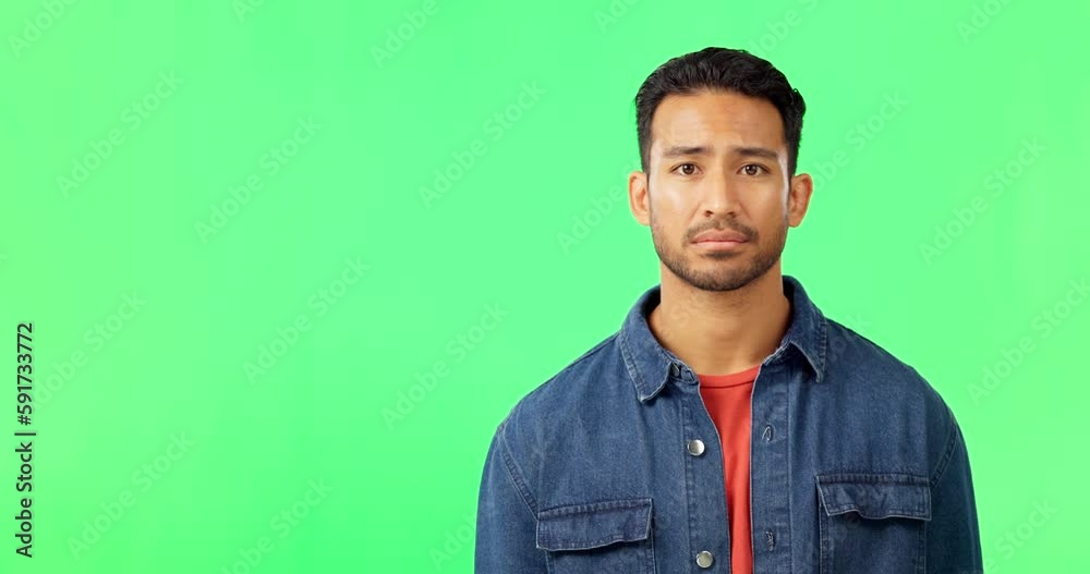 Man, portrait and green screen or shaking head and unhappy for bad rating, review or feedback. Face of asian male on studio background for no, disappointment and news or rejection and opinion mockup Man, portrait and green screen or shaking head and unhappy for bad rating, review or feedback. Face of asian male on studio background for no, disappointment and news or rejection and opinion mockup