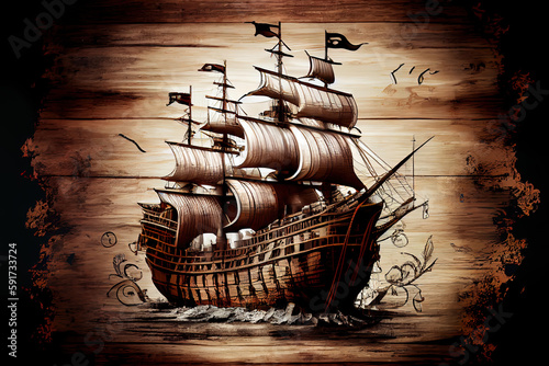 Columbus day concept with old ship over wooden background. Generative Ai