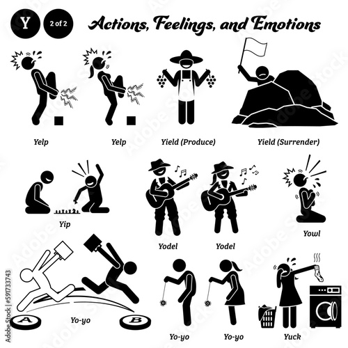 Stick figure human people man action, feelings, and emotions icons alphabet Y. Yelp, yield, produce, surrender, yip, yodel, yowl, yo-yo, and yuck. photo