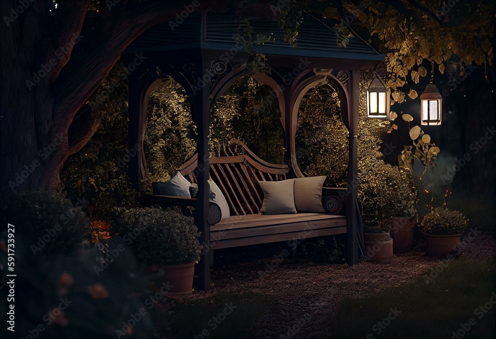 a bench under a canopy with lights on it in a garden at night time with a bench and lanterns lit up the area around it and a bench with pillows on the bench and pillows. Generative AI