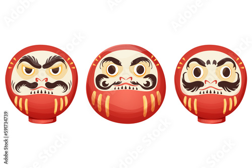 Daruma red traditional japan doll talisman with angry face, geld elements in cartoon style isolated on white background.