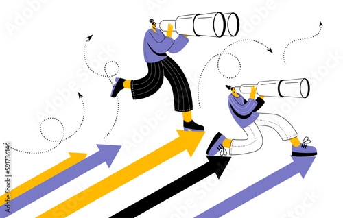 Making business decisions, career growth or choosing the right concept of the path to success. Two characters are looking through binoculars standing on the arrows aiming upwards.