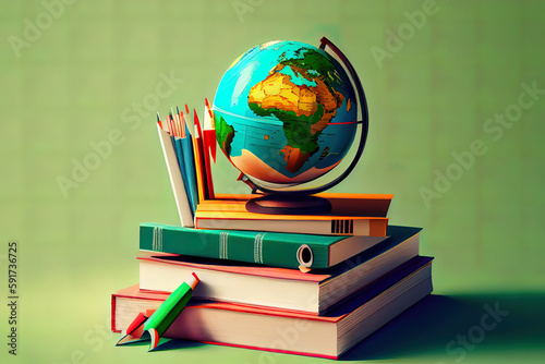 Education composition with a globe, a stack of books and school supplies on a green background. Generative Ai