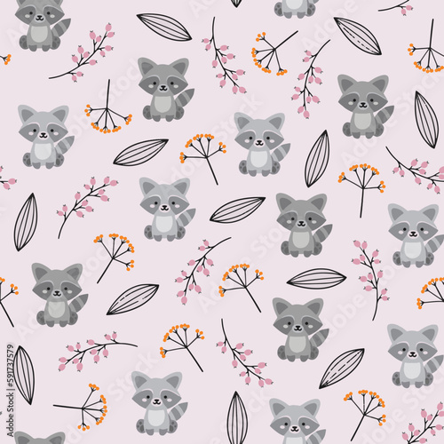 Seamless vector pattern with cute raccoon face and star. Soapy raccoon in flowers. Children's cartoon animals Background. design for fabric, packaging, textiles, wallpaper, clothing and more