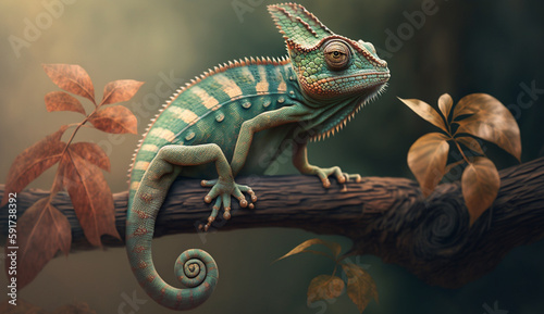 realistic illustration of a chameleon sitting on a tree  generative ai 