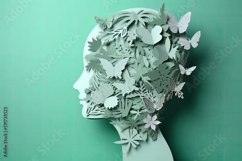 Cardboard Silhouette Human Head with Flowers and Butterfly, Mental Health Concept, AI Generated photo