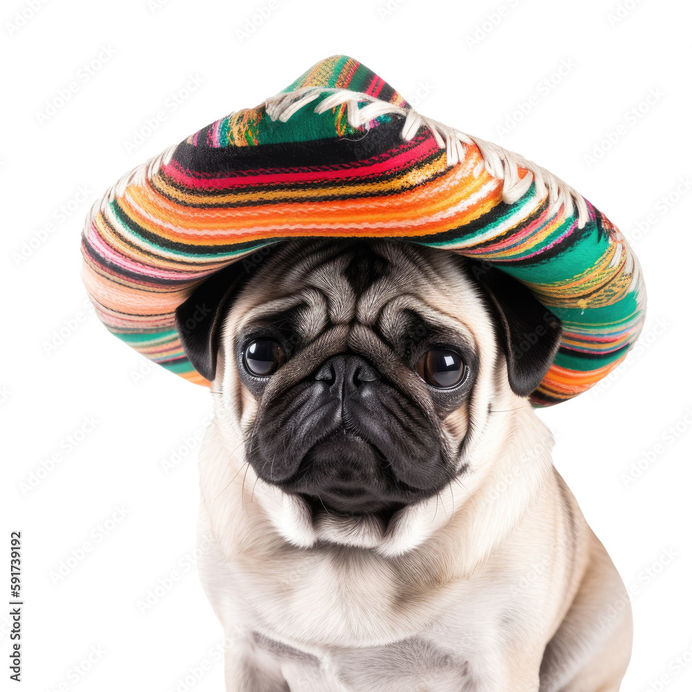 Pug Dog in Mexican Hat for Cinco de Mayo, AI Generated