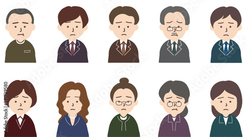 スーツを着た男性と女性人物のアイコンセット_困り顔