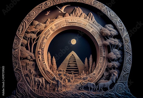 stargate to another universe carved out of a woodblock. Generative AI