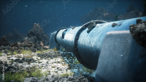 3D render illustration of the explosion of the Nord Stream 2 gas pipeline under the water of the Baltic Sea. Damaged pipe.
