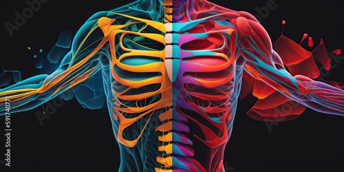 Bold and colorful abstract representation of human musculoskeletal system showing bones muscles and joints in an artistic way, concept of Vibrant and Structured, created with Generative AI technology