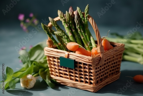 Wooden crate filled with asparagus and farm fresh vegetables - Generative AI
