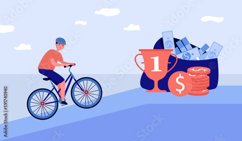 Professional cyclist riding uphill vector illustration. Sportsman on bicycle coming first, getting money and golden cup award. Cycling, professional sport, competition, career concept