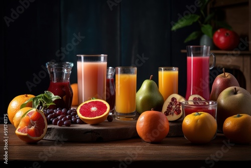 Fresh fruits juice on dark background, Healthy beverage rich in vitamins. Created Generative Ai