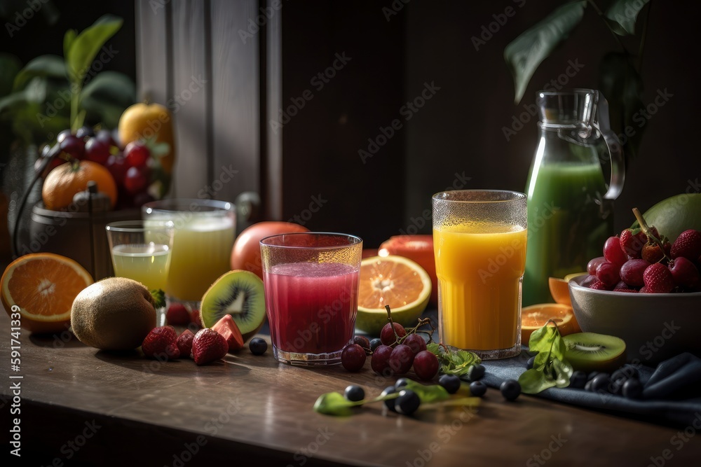 Fresh fruits juice on amazing light background, Healthy beverage rich in vitamins. Created Generative Ai Fresh fruits juice on amazing light background, Healthy beverage rich in vitamins. Created Generative Ai