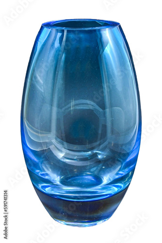 Solid blue Decorative Classic Barrel style Glass Vase isolated on a transparent background. PNG image for Graphics and Craft artwork.