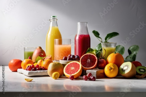 Fresh fruits juice on amazing light background, Healthy beverage rich in vitamins. Created Generative Ai