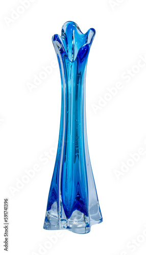 Stunning Blue Decorative Custom Trumpet style Glass Vase isolated on a transparent background. PNG image for Graphics and Craft artwork.