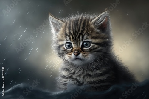 cute kitten with blue eyes sitting in the rain. Generative AI