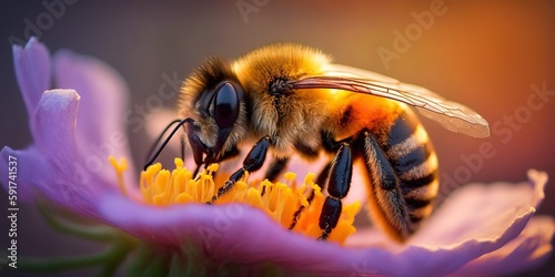 Bee pollinating flower close up, concept of Pollination and Nectar Gathering, created with Generative AI technology