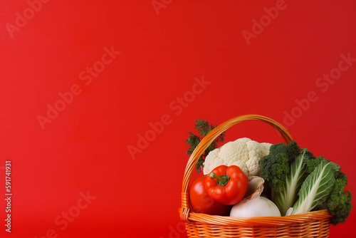 vegetables in basket isolated on red background with copy space for spring holiday - Generative AI 