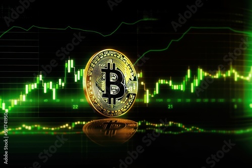 Bitcoin with green graph on computer screen background, Crypto currency trading. Generative Ai