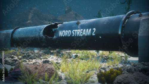 3D render illustration of the explosion of the Nord Stream 2 gas pipeline under the water of the Baltic Sea. Damaged pipe.