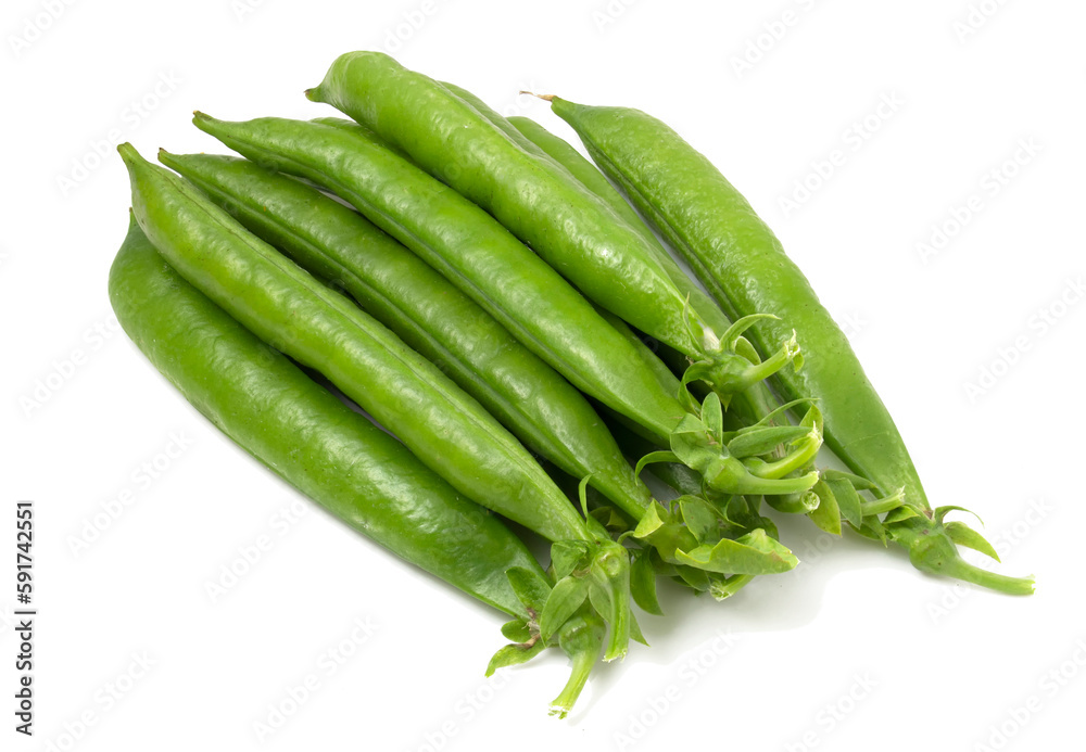 Pods of green sweet peas isolated on white background. Pods of green sweet peas isolated on white background.