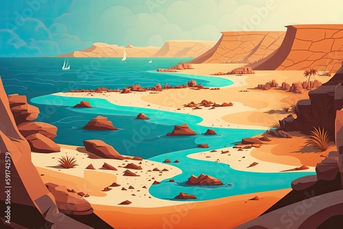 serene beach scene with a small boat floating in the crystal clear water. Generative AI