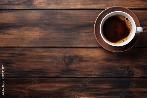 top view of white coffee cup on saucer on wooden table - Generative AI