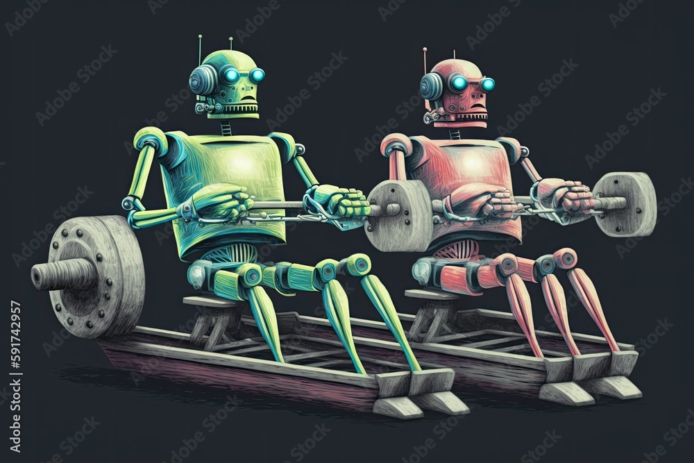 Naklejka premium two robots perched on a large industrial machine. Generative AI