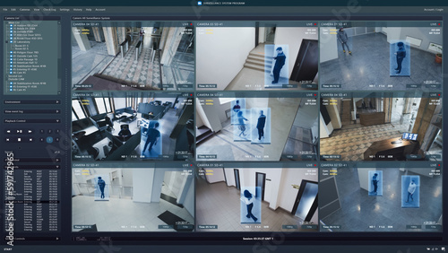 CCTV cameras playback on computer screen. People walk in coworking office. Interface of AI program with scanning and recognition people. Security cameras. Surveillance and observation digital system.
