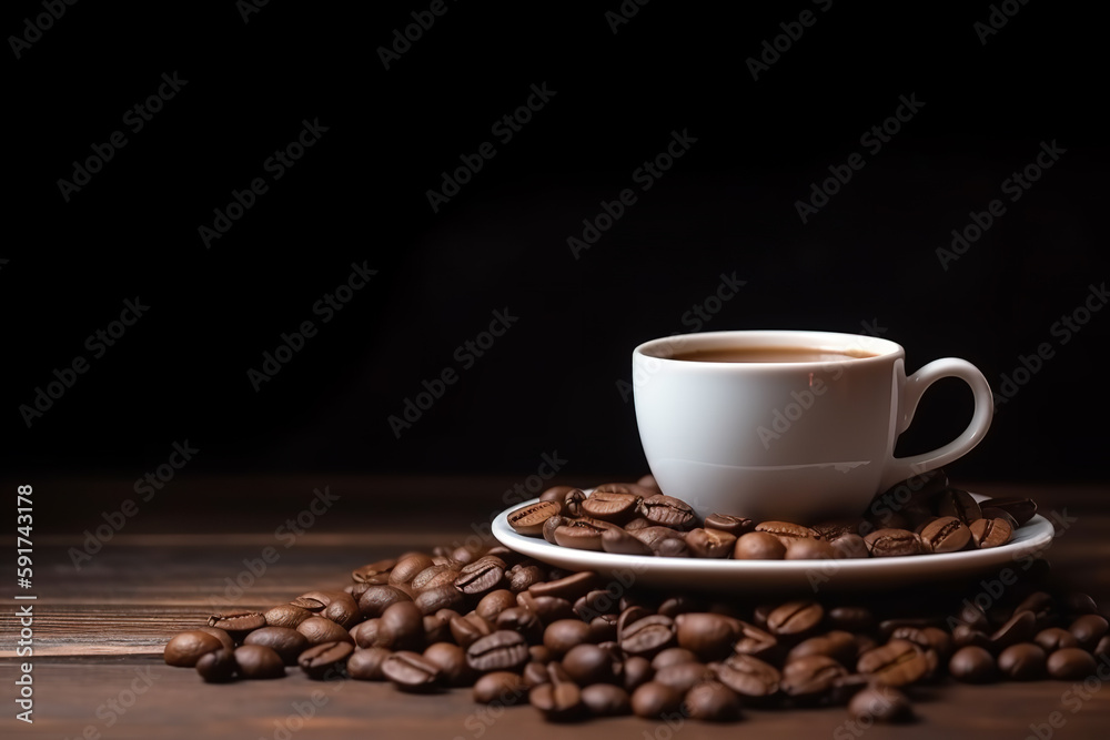 closeup Cup of coffee on wooden table with coffee beans - Generative AI closeup Cup of coffee on wooden table with coffee beans - Generative AI