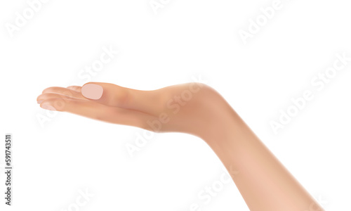 Side view of a palm of an open hand. Close-up of realistic woman's hand, palm up. Vector.