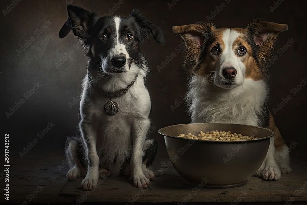 two dogs eagerly waiting next to their food bowl. Generative AI two dogs eagerly waiting next to their food bowl. Generative AI